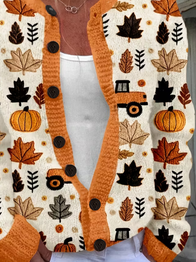 Women's Pumpkin Maple Leaf Print Crew Neck Button Cardigan