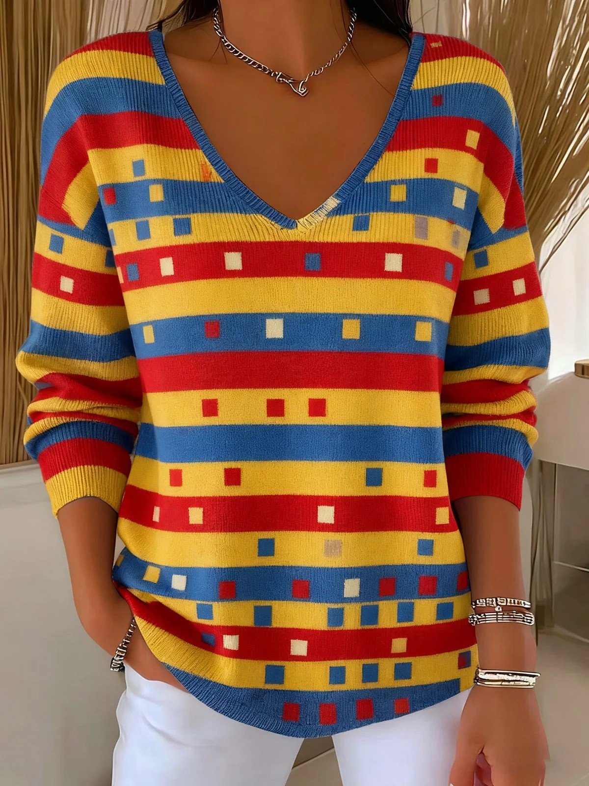 Casual V Neck Striped Loose Knit Top