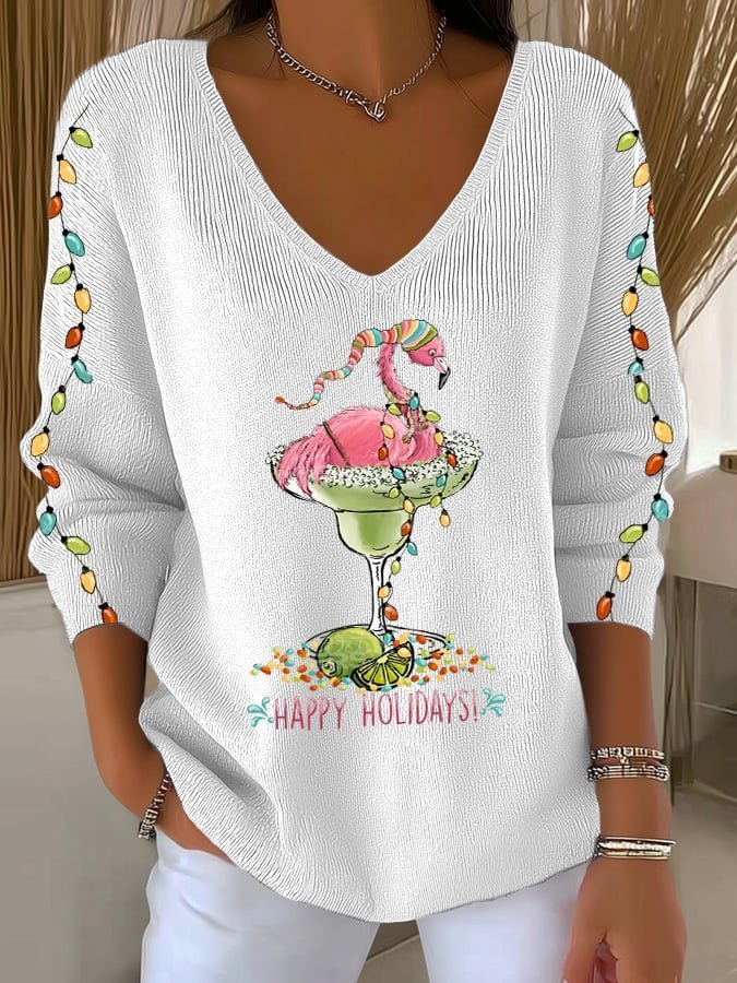 Women's Wine Glass Christmas Hat Print V-Neck Sweater