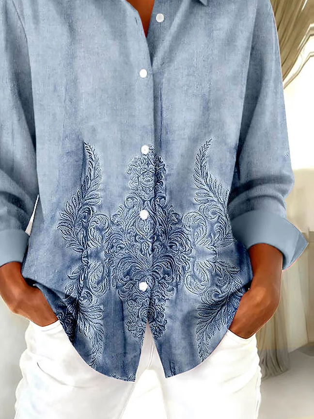 Women's Long Sleeve Shirt Spring/Fall Blue Floral Buckle Shirt Collar Regular Sleeve Daily Going Out Casual Top