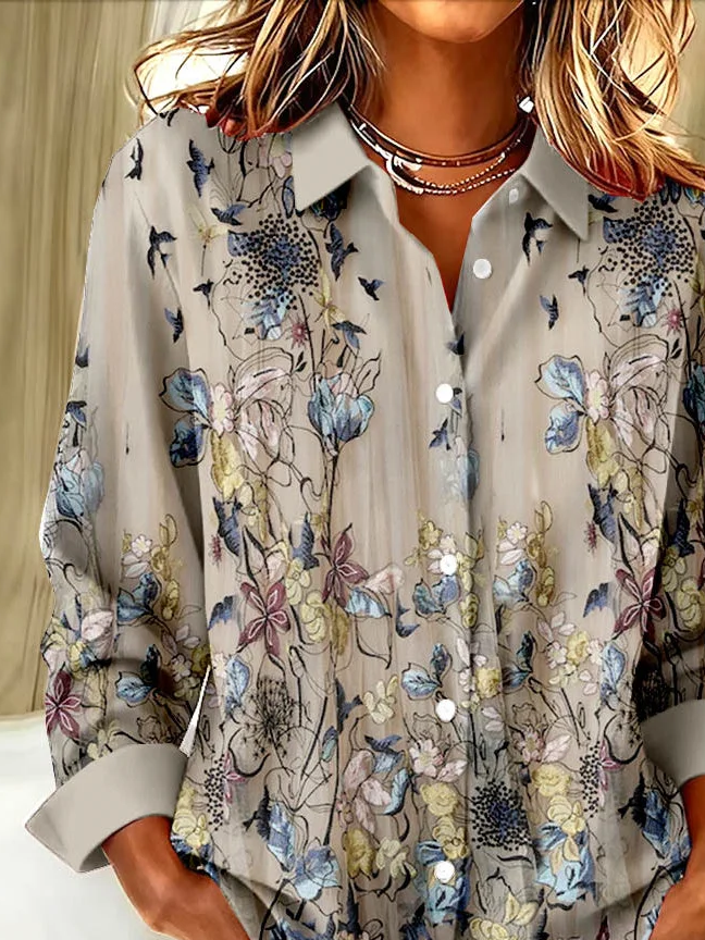 Women's Long Sleeve Shirt Spring/Fall Khaki Floral Buckle Shirt Collar Regular Sleeve Daily Going Out Casual Top