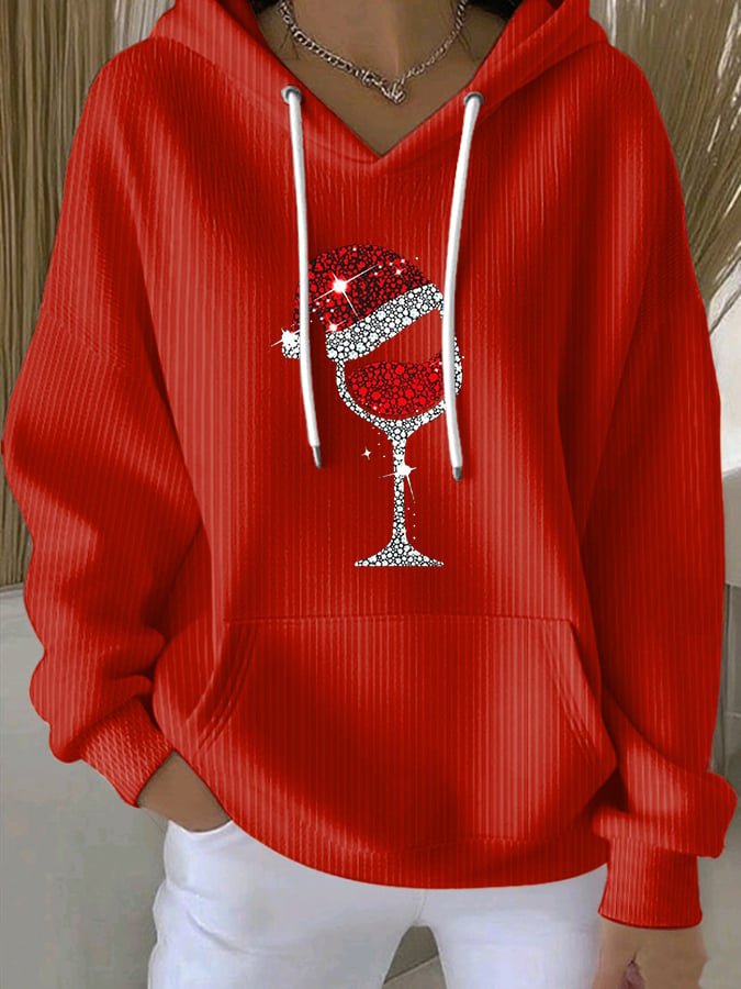 Women's Wine Glass Christmas Hat Print Hooded Sweatshirt