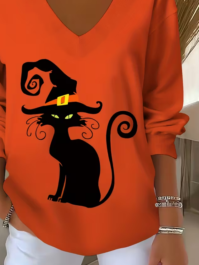 Women's Long Sleeve T-shirt Spring/Fall Orange Halloween Printing V Neck Daily Going Out Casual Top