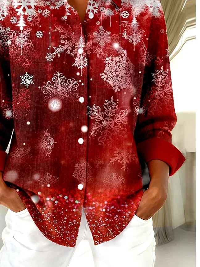 Women's Long Sleeve Shirt Spring/Fall Red Christmas Buckle Shirt Collar Regular Sleeve Daily Going Out Casual Top