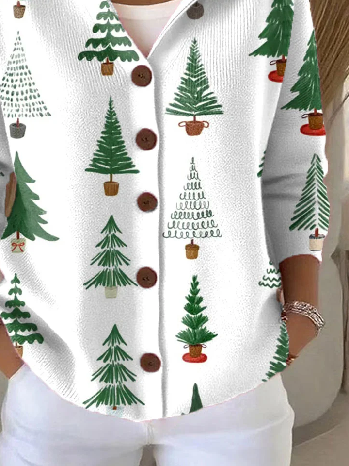 Women's Christmas Tree Print Hooded Button Cardigan