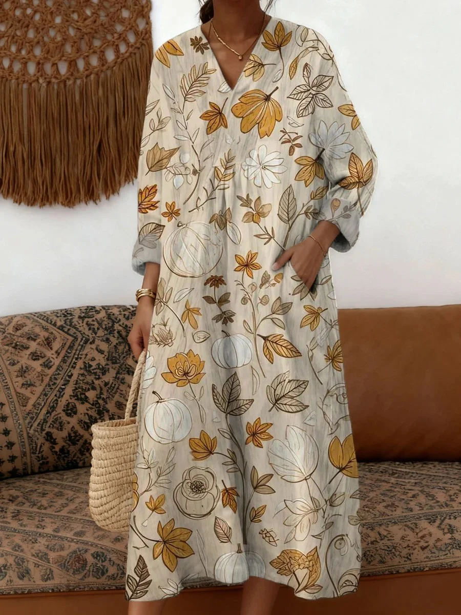 Loose V Neck Floral Casual Dress With No