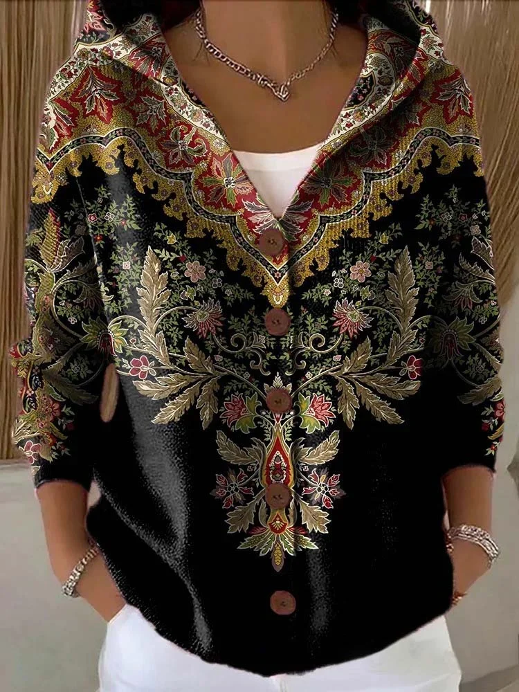 Women's Floral Print Hooded Button Cardigan