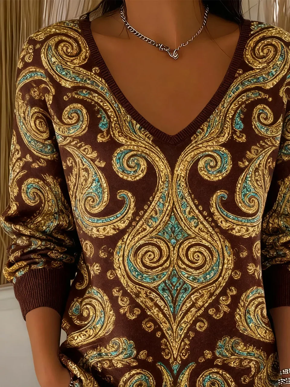 Women's Long Sleeve T-shirt Spring/Fall Brown Ethnic Printing V Neck Daily Going Out Casual Top