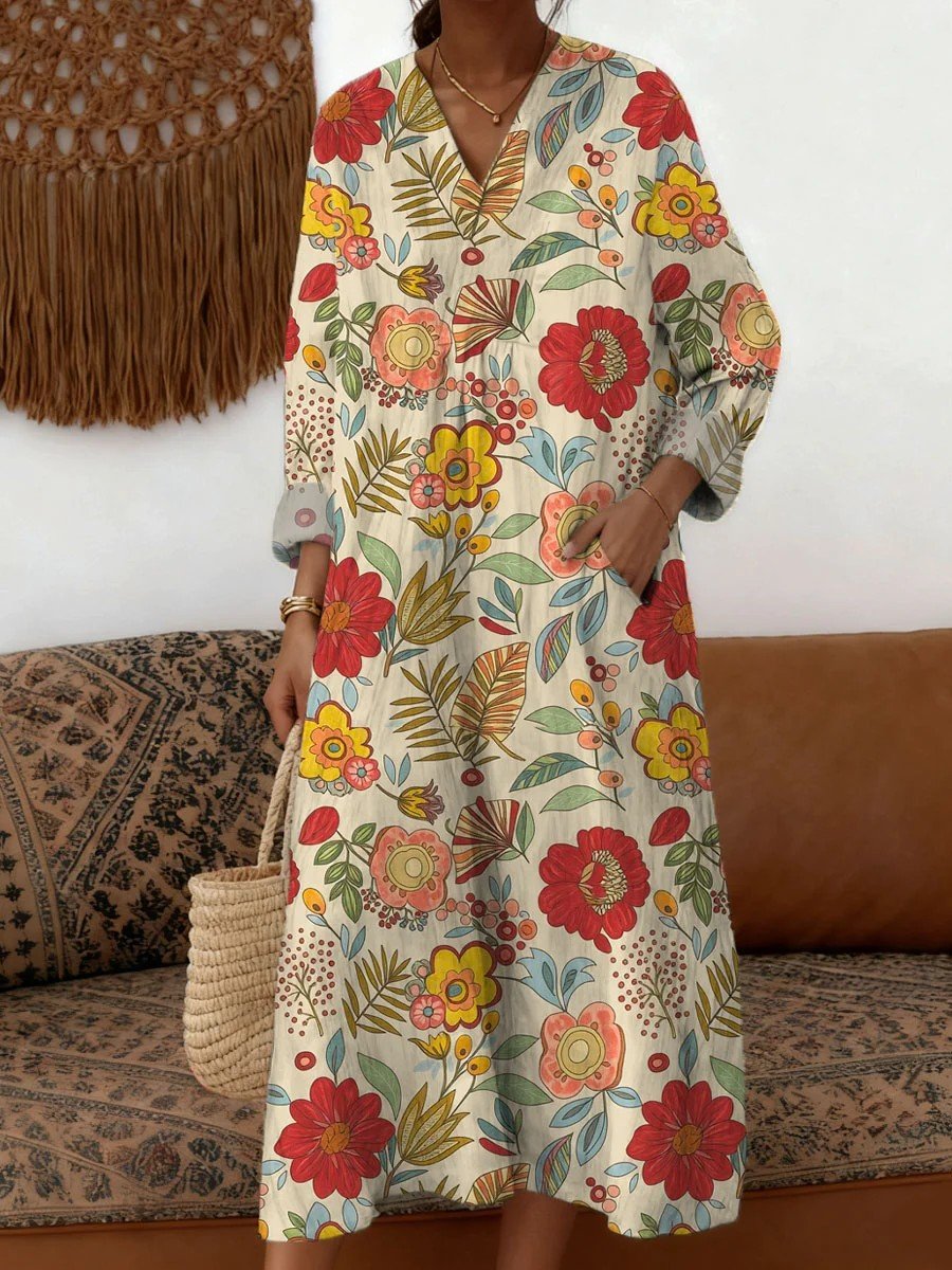 Loose V Neck Floral Casual Dress With No