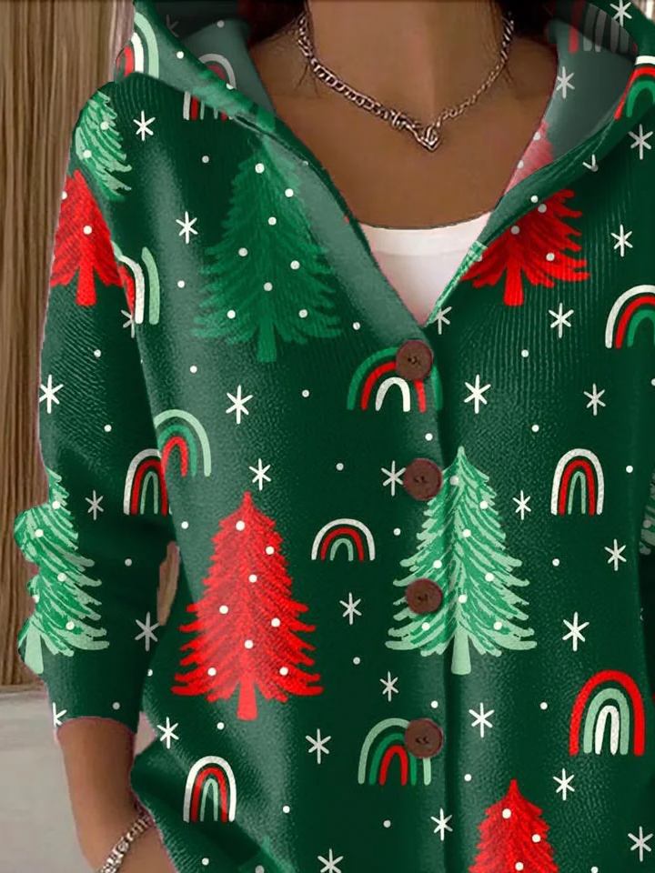 Women's Christmas Tree Print Hooded Button Cardigan