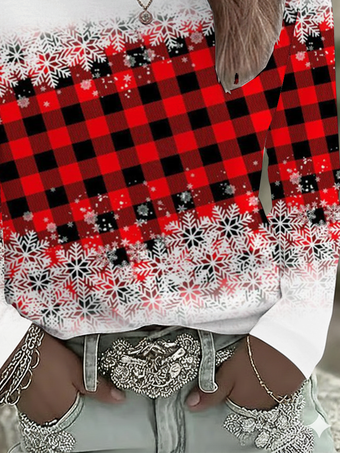 Women's Long Sleeve T-shirt Spring/Fall Red Christmas Printing Jersey Crew Neck Daily Going Out Casual Top