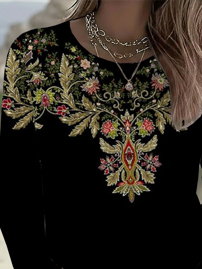 Women's Long Sleeve T-shirt Spring/Fall Black Floral Printing Jersey Crew Neck Daily Going Out Casual Top