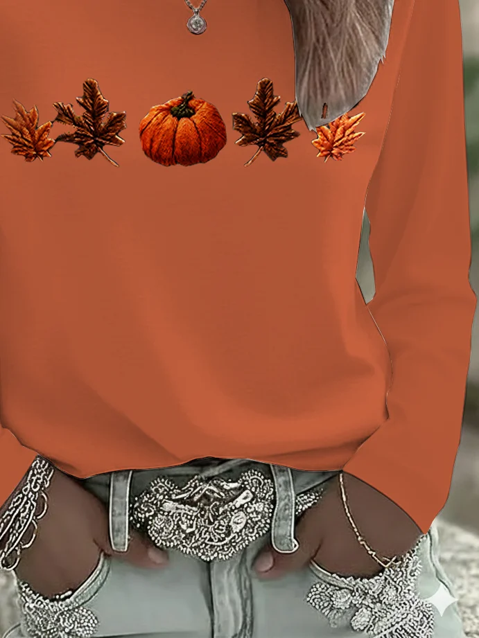 Women's Long Sleeve T-shirt Spring/Fall Orange Halloween (pumpkin) Printing Jersey Crew Neck Daily Going Out Casual Top