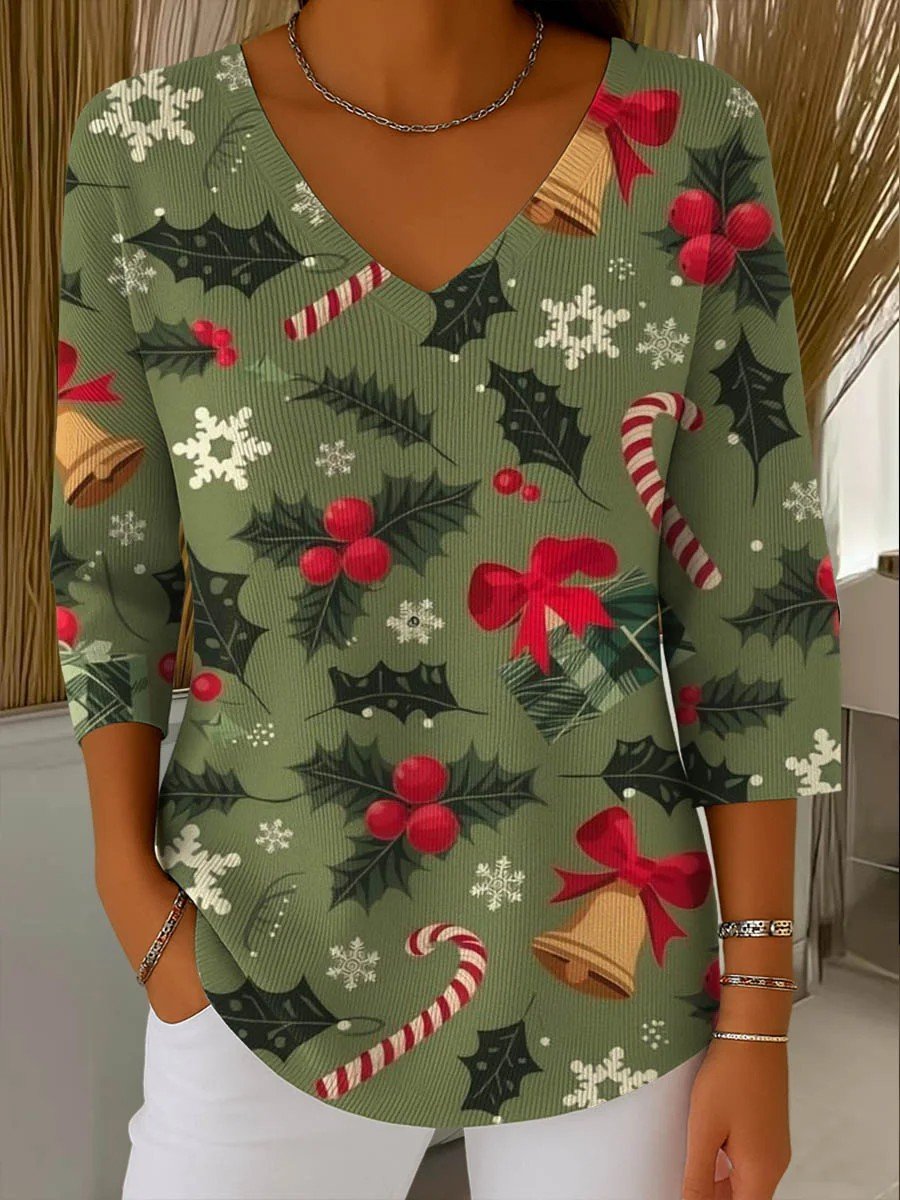 Christmas V Neck Vintage Loose T-Shirt