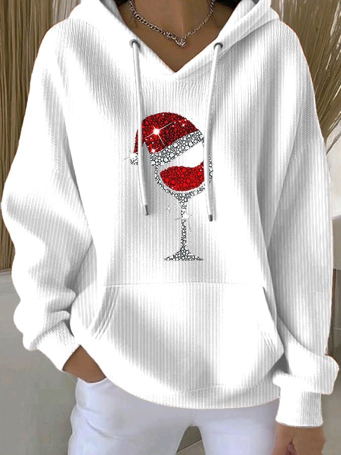 Women's Wine Glass Christmas Hat Print Hooded Sweatshirt
