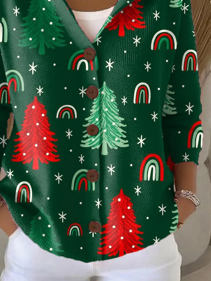 Women's Christmas Tree Print Hooded Button Cardigan