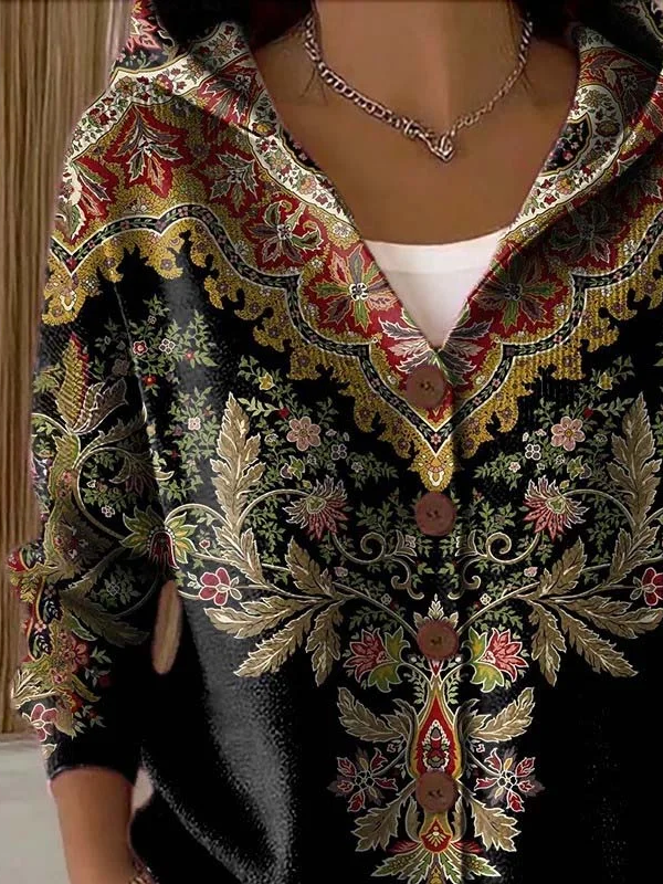 Women's Floral Print Hooded Button Cardigan