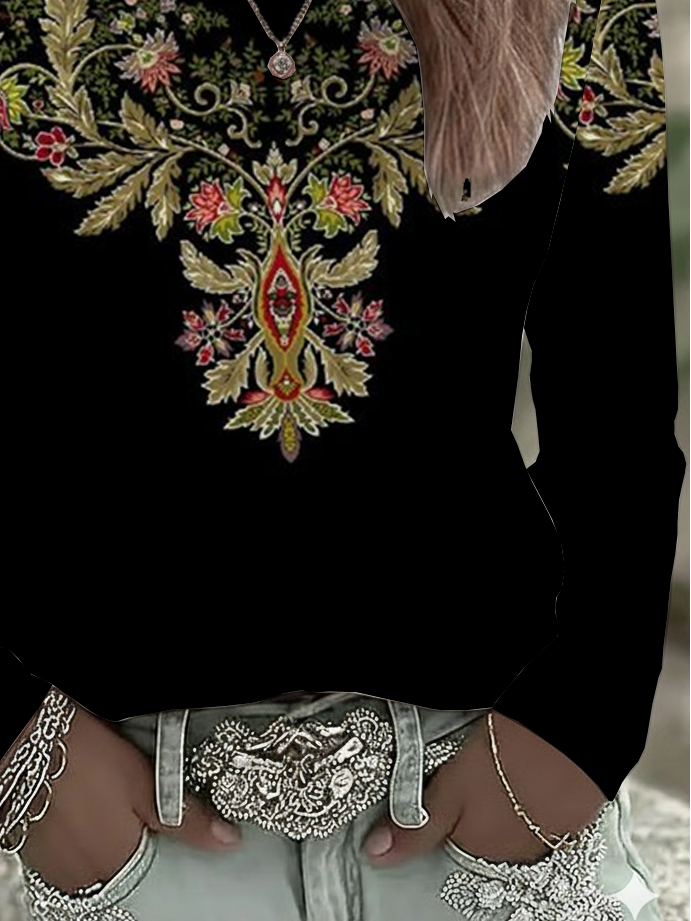 Women's Long Sleeve T-shirt Spring/Fall Black Floral Printing Jersey Crew Neck Daily Going Out Casual Top