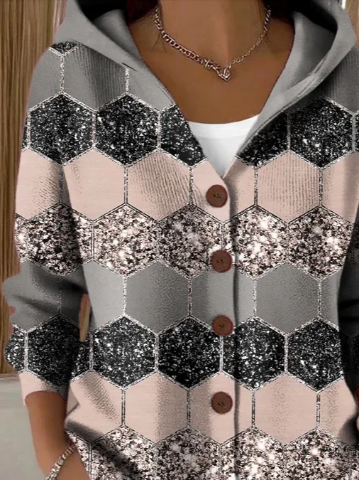 Women's Abstract Print Hooded Button Cardigan
