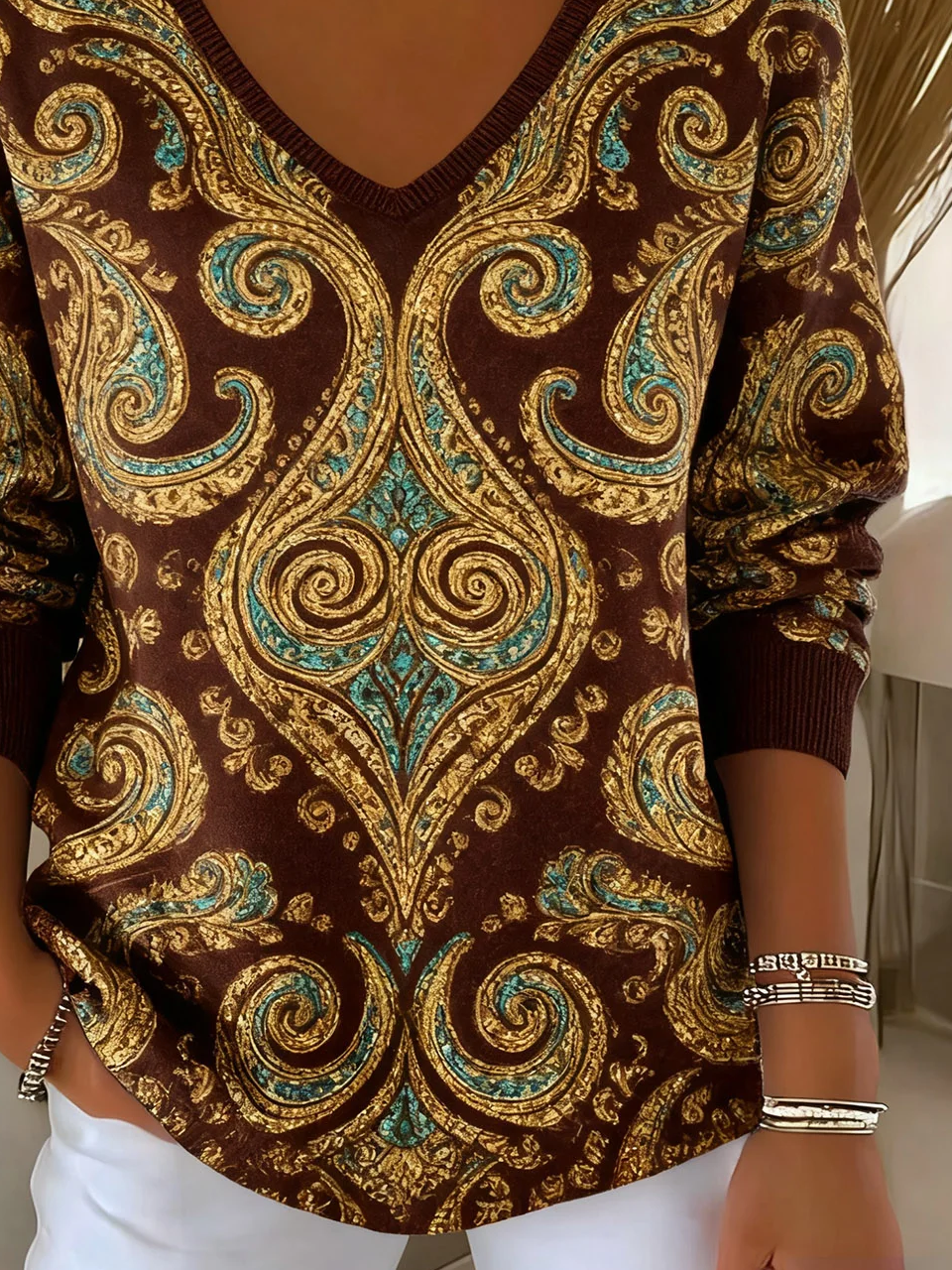 Women's Long Sleeve T-shirt Spring/Fall Brown Ethnic Printing V Neck Daily Going Out Casual Top