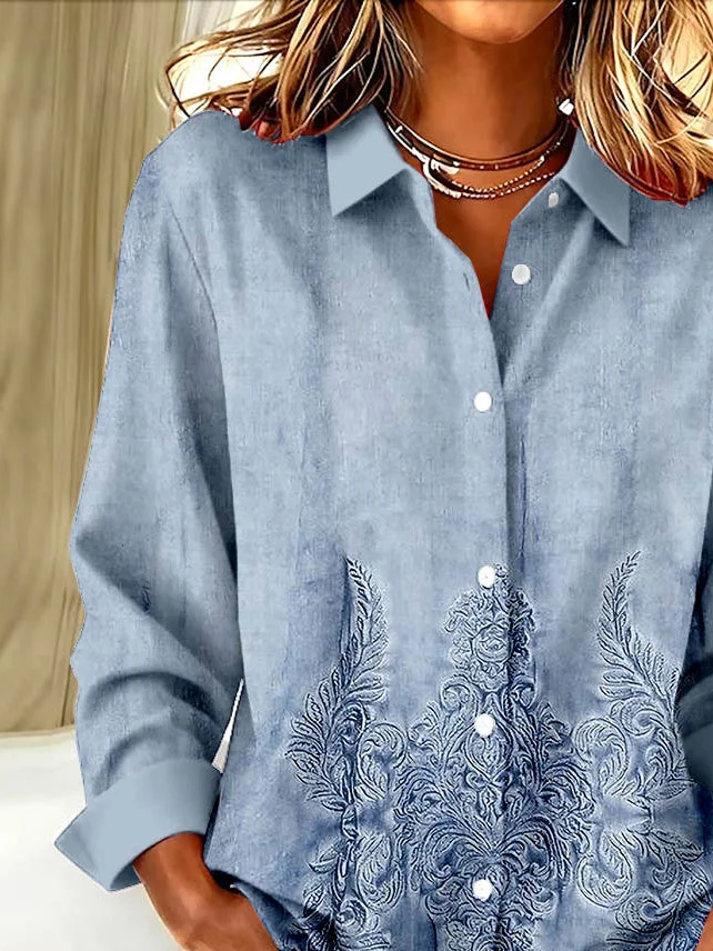 Women's Long Sleeve Shirt Spring/Fall Blue Floral Buckle Shirt Collar Regular Sleeve Daily Going Out Casual Top
