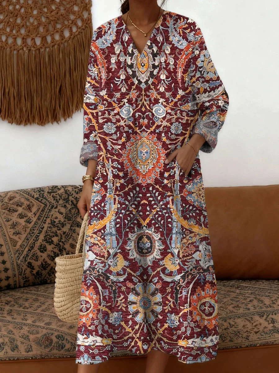 Loose V Neck Floral Casual Dress With No