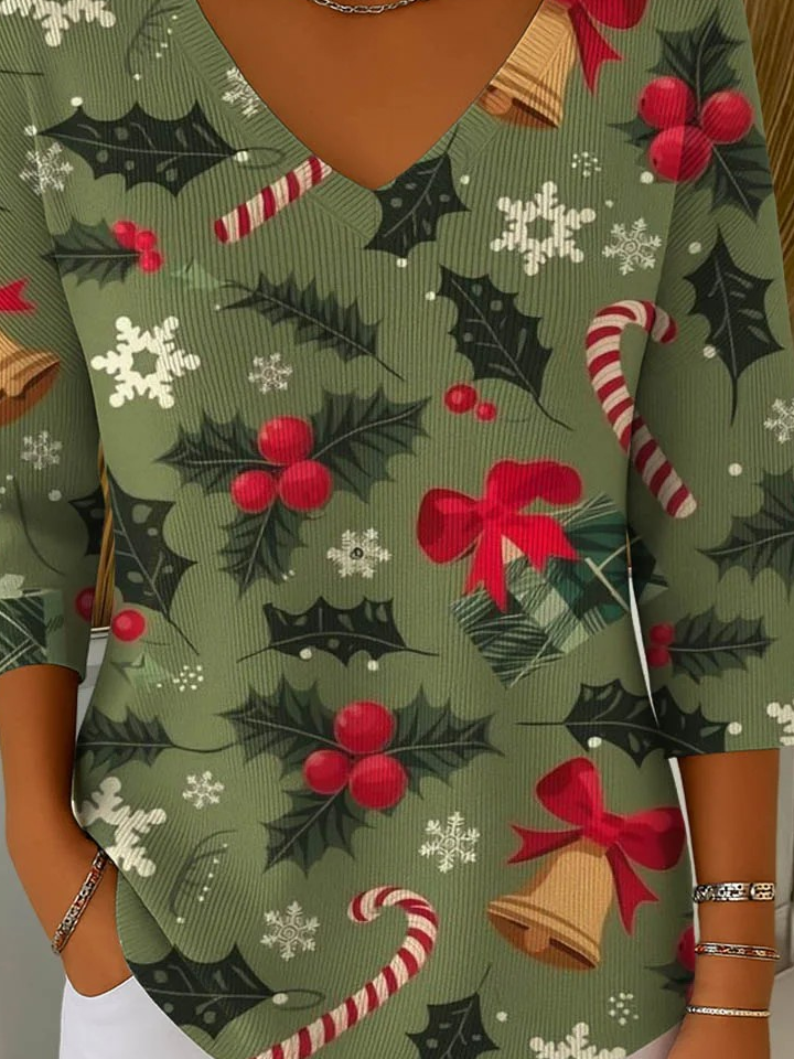 Christmas V Neck Vintage Loose T-Shirt