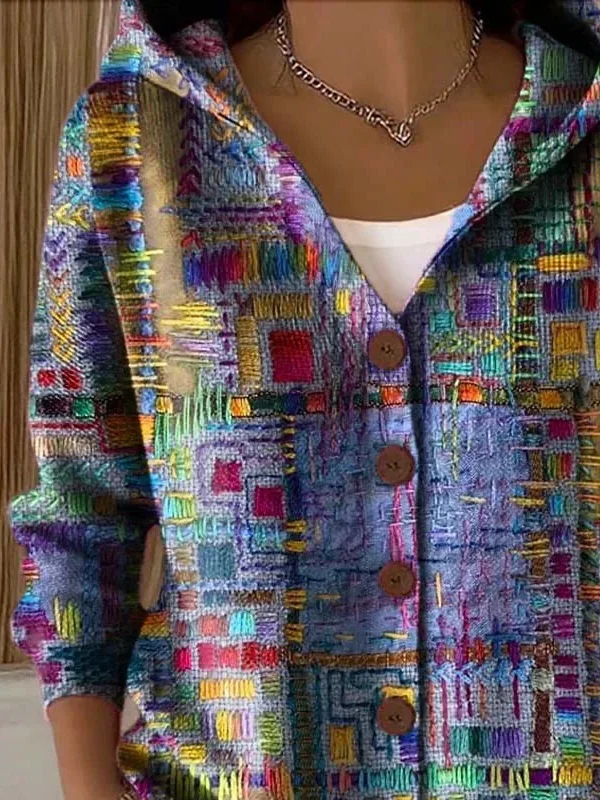 Women's Abstract Print Hooded Button Cardigan