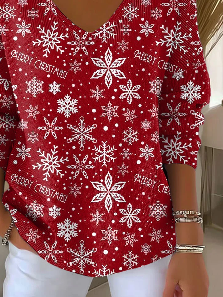 Women's Long Sleeve T-shirt Spring/Fall Red Christmas Printing V Neck Daily Going Out Casual Top