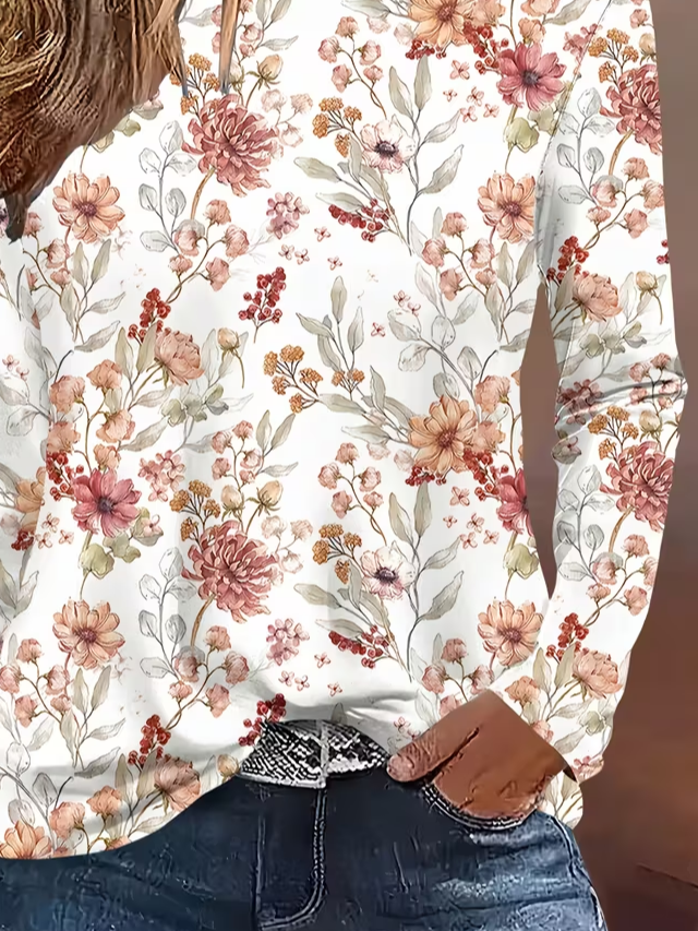 Women's Long Sleeve T-shirt Spring/Fall White Floral Printing Jersey Crew Neck Daily Going Out Casual Top