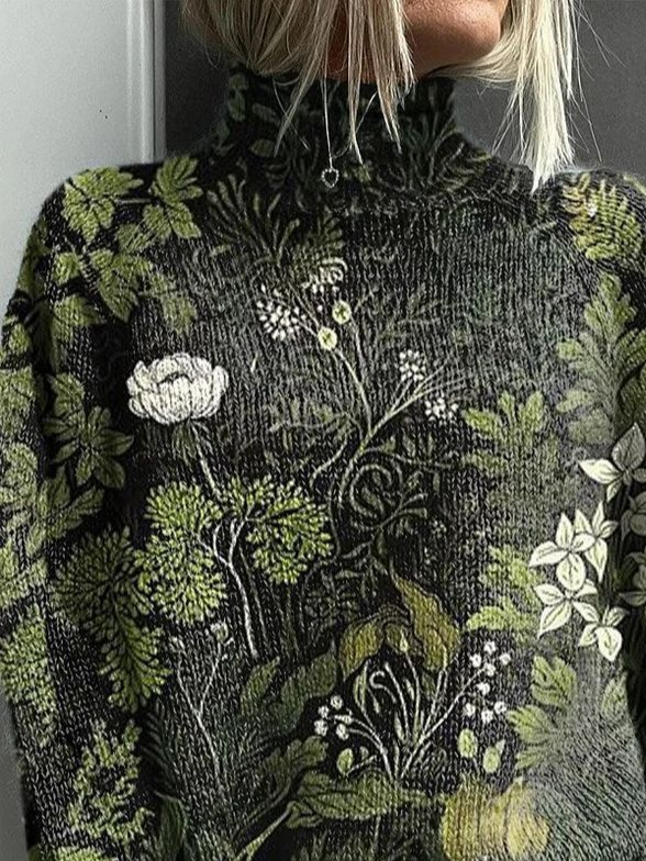 Women's Floral Print Casual Turtleneck Long Sleeve Sweater