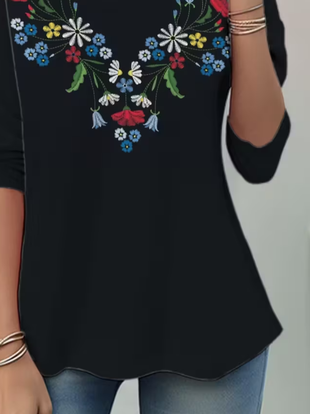 Women's Long Sleeve T-shirt Spring/Fall Black Floral Jersey Crew Neck Daily Going Out Casual Top
