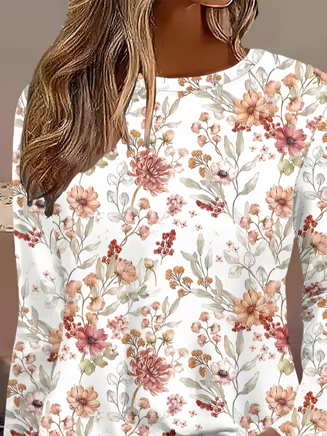 Women's Long Sleeve T-shirt Spring/Fall White Floral Printing Jersey Crew Neck Daily Going Out Casual Top