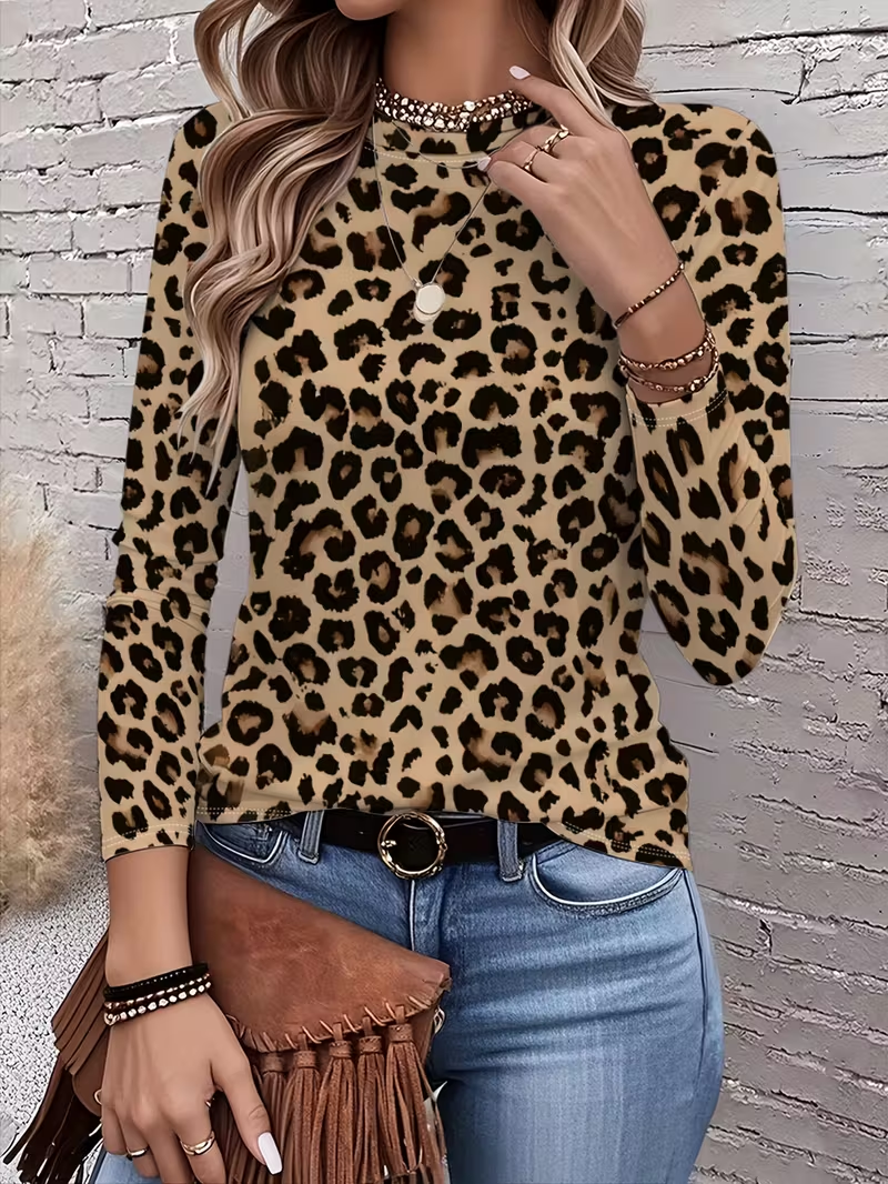 Women's Long Sleeve T-shirt Spring/Fall Camel Leopard Printing Jersey Crew Neck Daily Going Out Casual Top