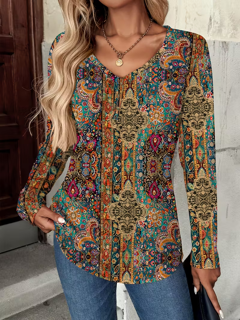 Women's Long Sleeve T-shirt Spring/Fall As Picture Abstract Printing Jersey V Neck Daily Going Out Casual Top