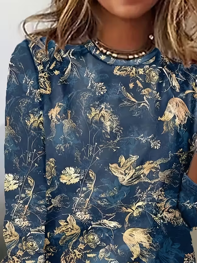 Women's Long Sleeve T-shirt Spring/Fall Blue Floral Printing Jersey Crew Neck Daily Going Out Casual Top