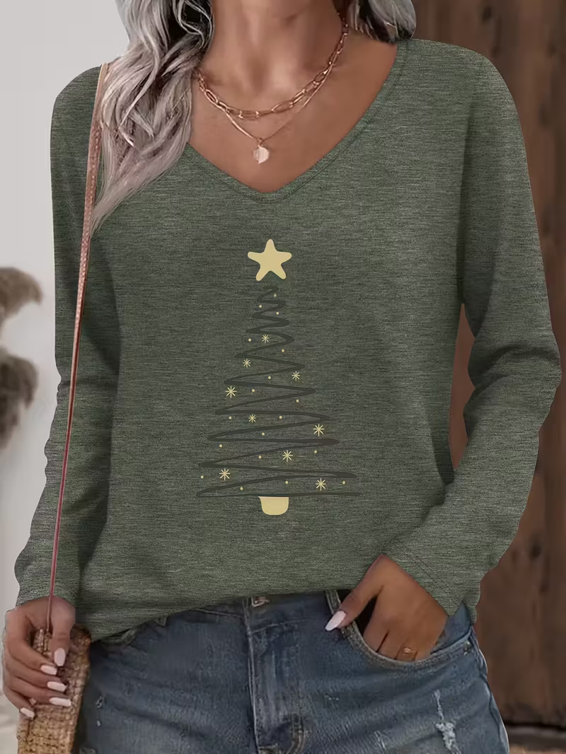 Women's Long Sleeve T-shirt Spring/Fall Green Christmas Printing Jersey V Neck Daily Going Out Casual Top