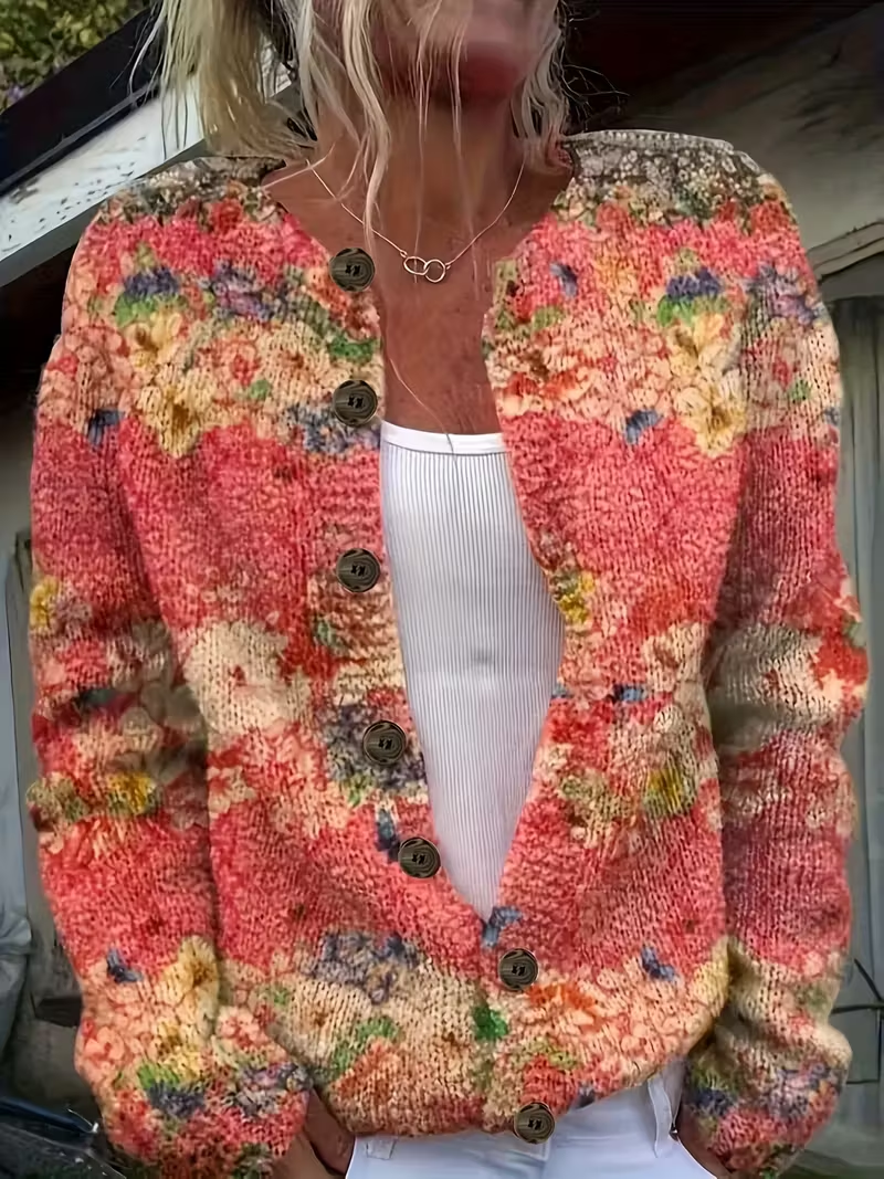 Women's Floral Print Crew Neck Button Cardigan