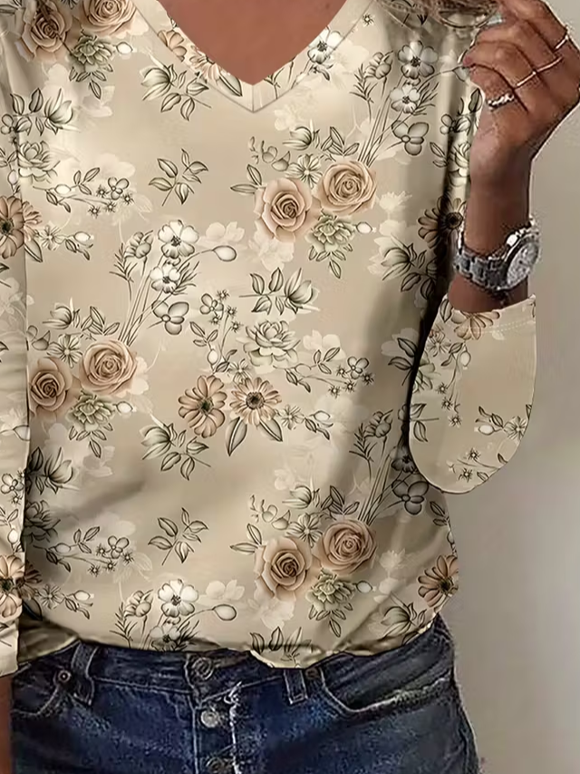 Women's Long Sleeve T-shirt Spring/Fall Apricot Floral Printing Jersey V Neck Daily Going Out Casual Top
