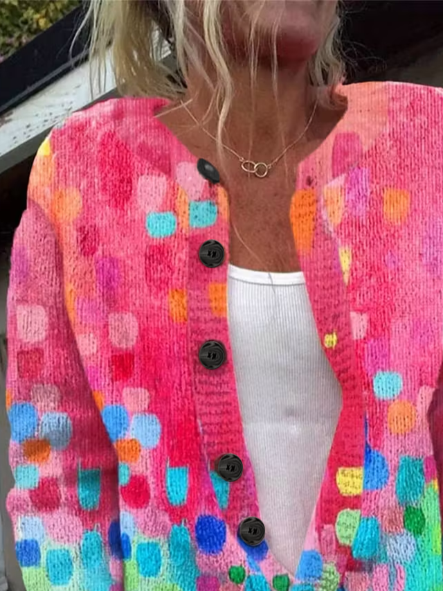 Women's Abstract Print Crew Neck Button Cardigan
