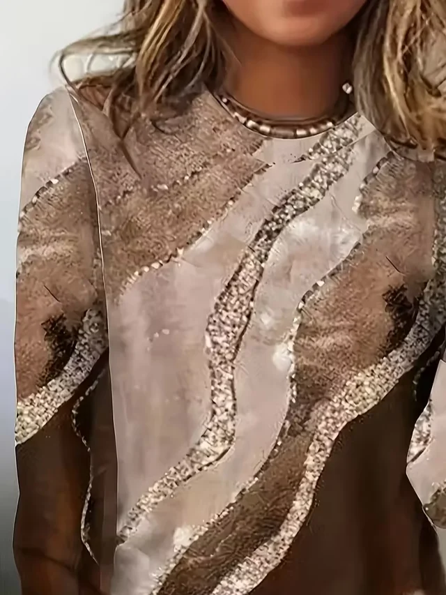 Women's Long Sleeve T-shirt Spring/Fall Brown Abstract Printing Jersey Crew Neck Daily Going Out Casual Top