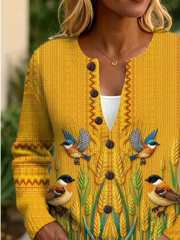 Women's Bird Print Crew Neck Button Cardigan