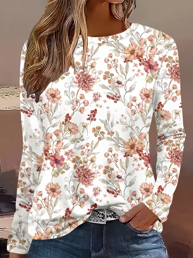 Women's Long Sleeve T-shirt Spring/Fall White Floral Printing Jersey Crew Neck Daily Going Out Casual Top