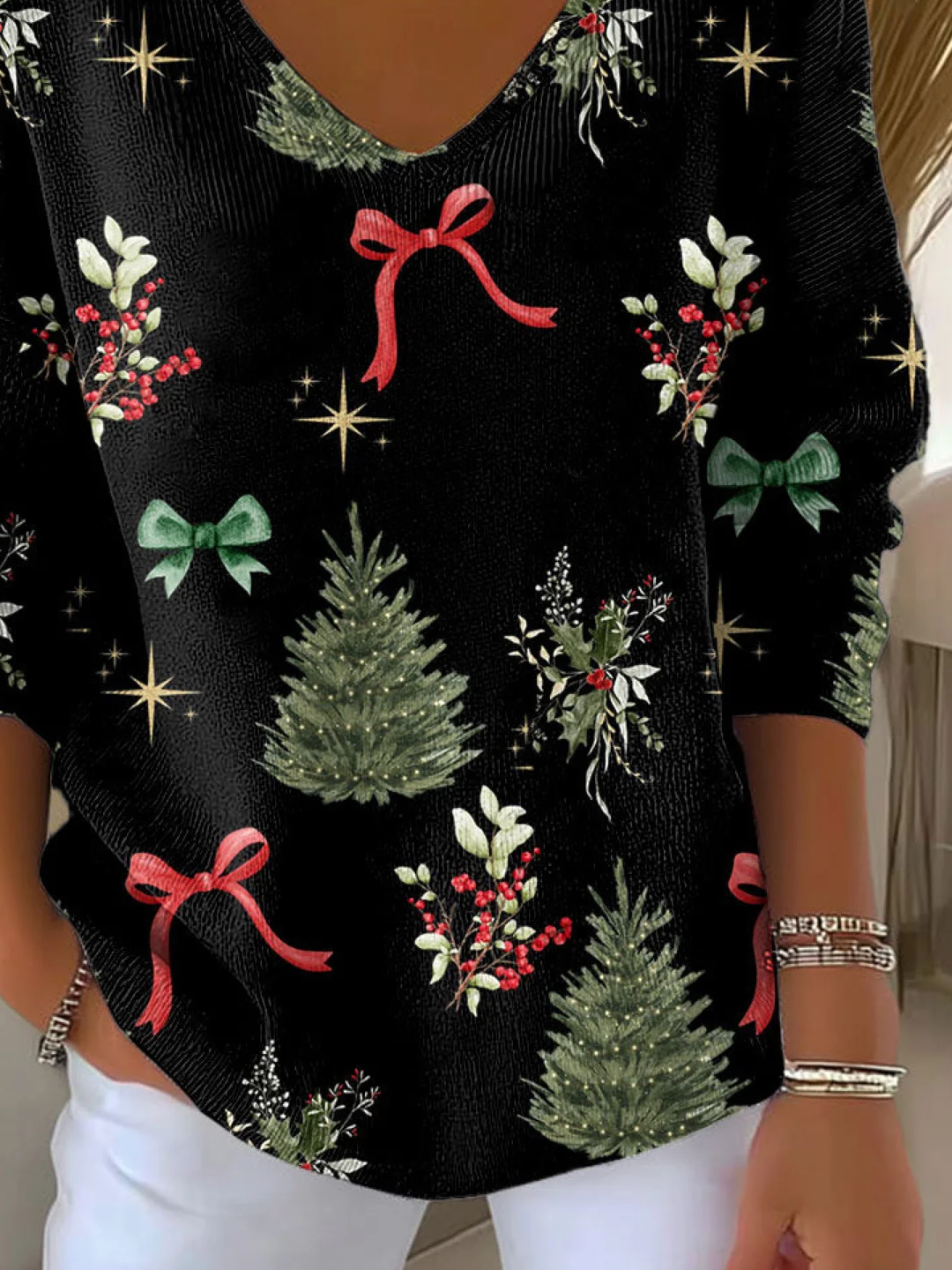 Women's Long Sleeve T-shirt Spring/Fall Black Christmas Printing V Neck Daily Going Out Casual Top