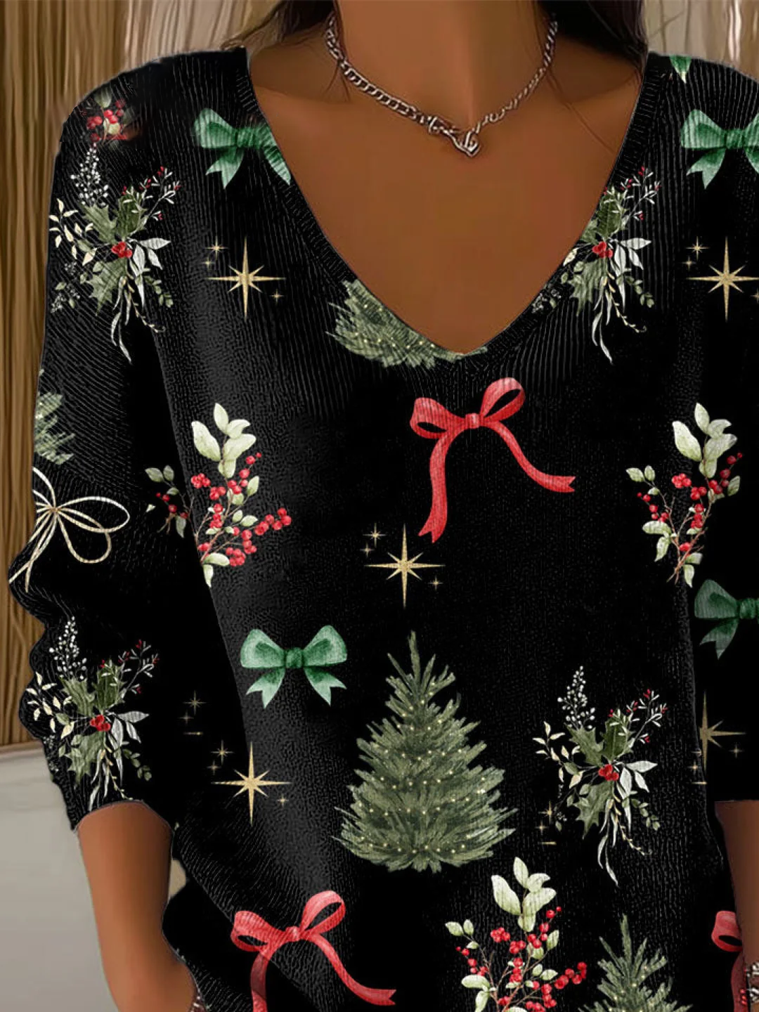 Women's Long Sleeve T-shirt Spring/Fall Black Christmas Printing V Neck Daily Going Out Casual Top