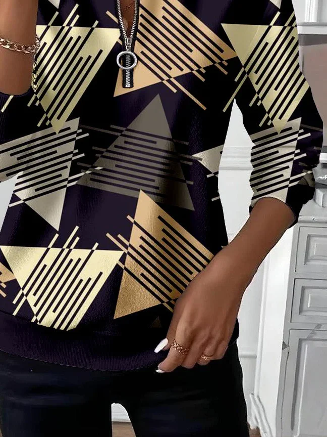 Women's Abstract Print Casual Zipper Long Sleeve Sweatshirt