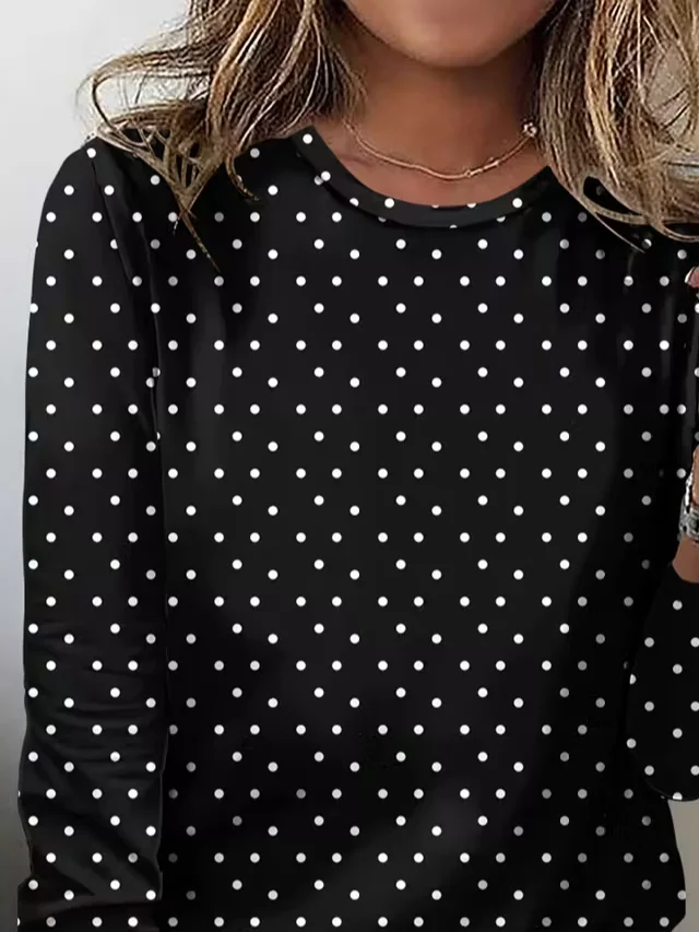 Women's Long Sleeve T-shirt Spring/Fall Black Polka Dots Printing Jersey Crew Neck Daily Going Out Casual Top