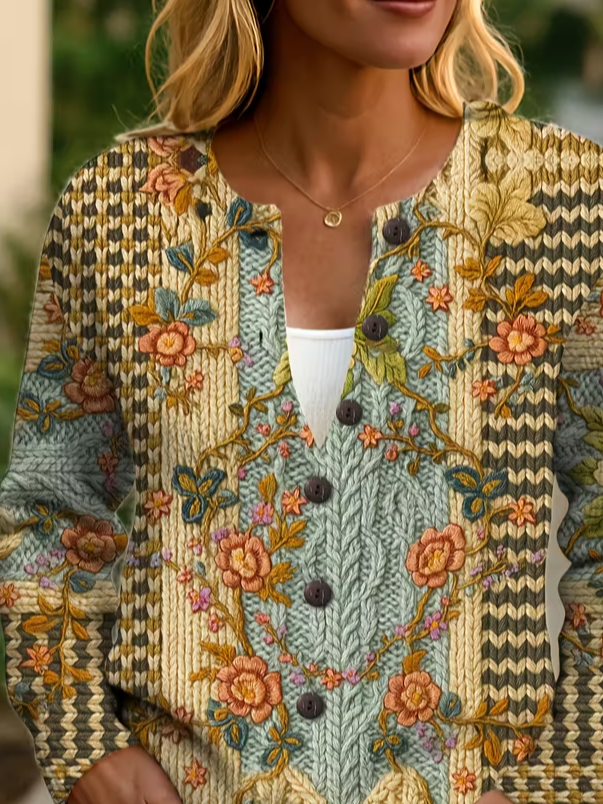 Women's Floral Print Crew Neck Button Cardigan