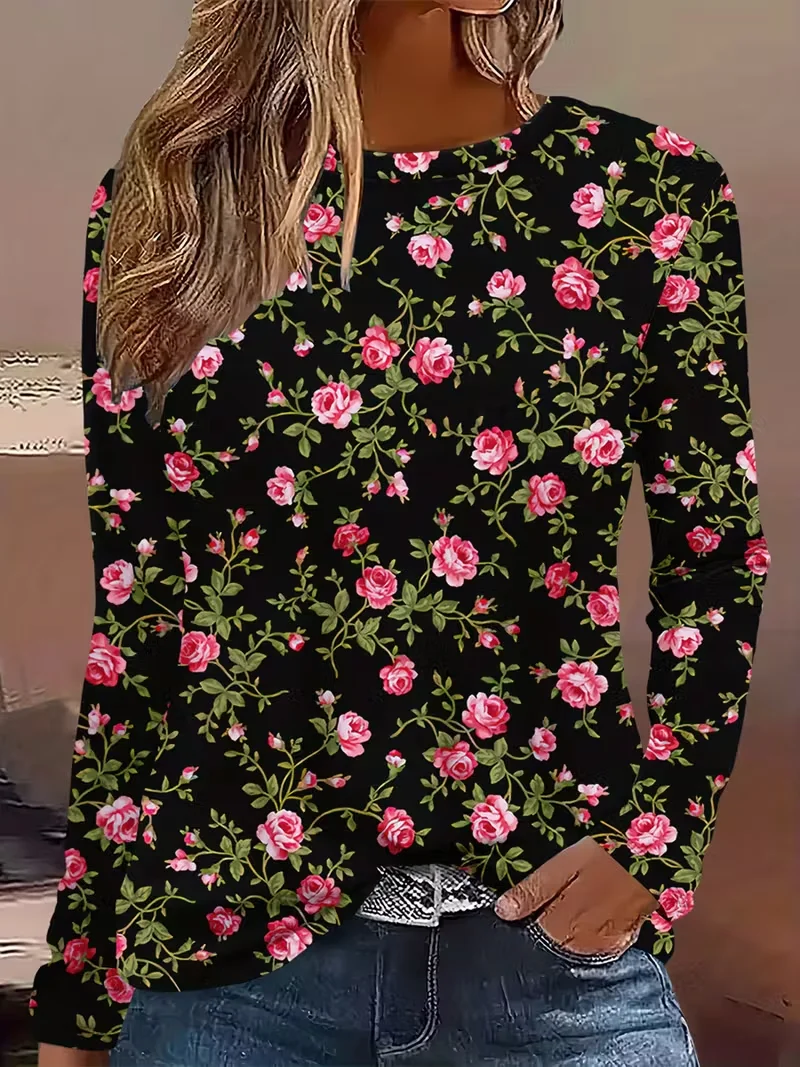 Women's Long Sleeve T-shirt Spring/Fall Black Floral Printing Jersey Crew Neck Daily Going Out Casual Top