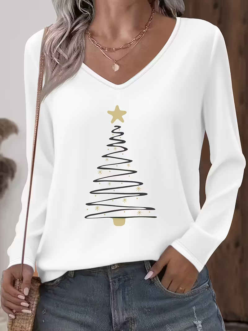 Women's Long Sleeve T-shirt Spring/Fall Green Christmas Printing Jersey V Neck Daily Going Out Casual Top